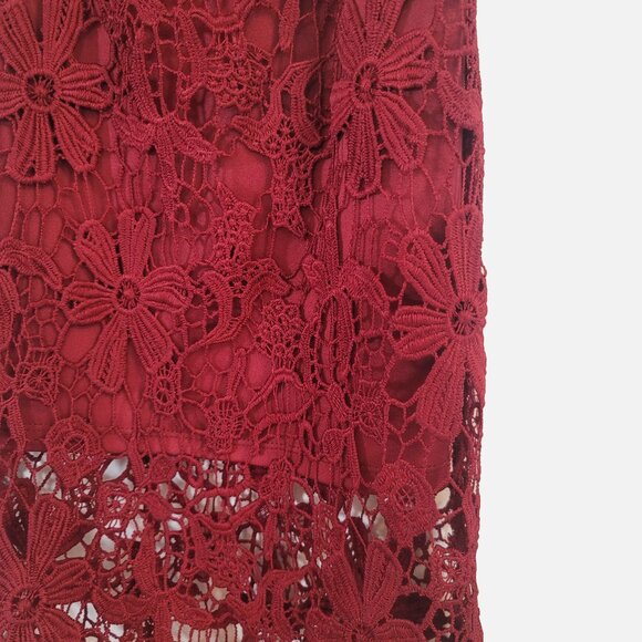 Meraki Red Wine Floral Lace Cut-Out Midi High Waisted Skirt- M - Picture 3 of 6